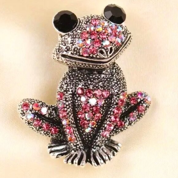Frog Rhinestone Brooch Pin Stylish Sparkle Glam Pink Black Eyes Silver Sparkle - Picture 1 of 5